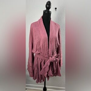 Kye Mi Women’s Pink Kimono Front Tie Cardigan Sz S Long Bell Sleeves Boho Chic